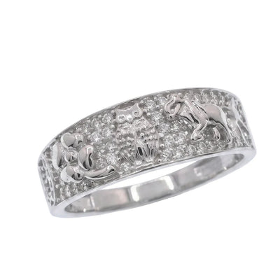 Sterling Silver Rhodium Plated Moissanite Good Luck Charm Pave Crystal Elephant Horseshoe And Owl Band Ring