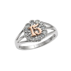 Sterling Silver Two Tone Plated Moissanite Quinceanera Halo Ring