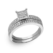 Load image into Gallery viewer, Sterling Silver Rhodium Plated Moissanite Square Pave Center Trio Bridal Ring