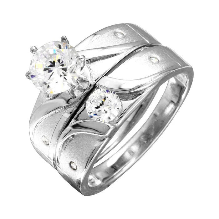 Sterling Silver Rhodium Plated Moissanite Sideways Design Matte Finish Trio Ring