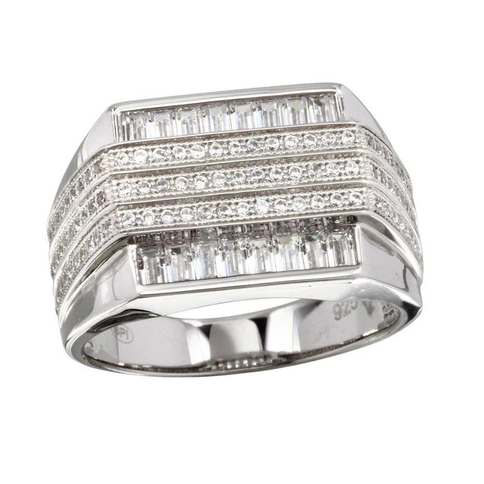Sterling Silver Rhodium Plated Moissanite Men's 3 Bar Ring
