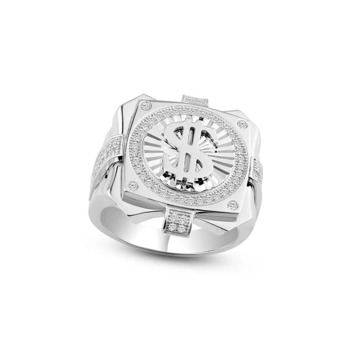 Sterling Silver Rhodium Plated Moissanite Men's Dollar Sign Ring