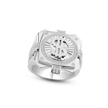 Load image into Gallery viewer, Sterling Silver Rhodium Plated Moissanite Men's Dollar Sign Ring