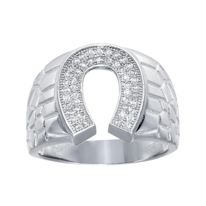 Sterling Silver Rhodium Plated Moissanite Men's Horse Shoe Ring