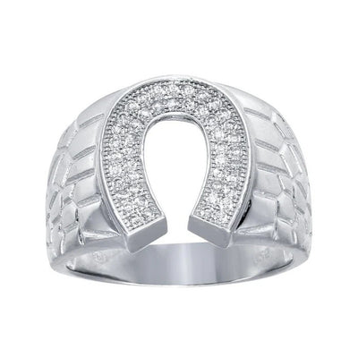 Sterling Silver Rhodium Plated Moissanite Men's Horse Shoe Ring