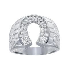 Sterling Silver Rhodium Plated Moissanite Men's Horse Shoe Ring
