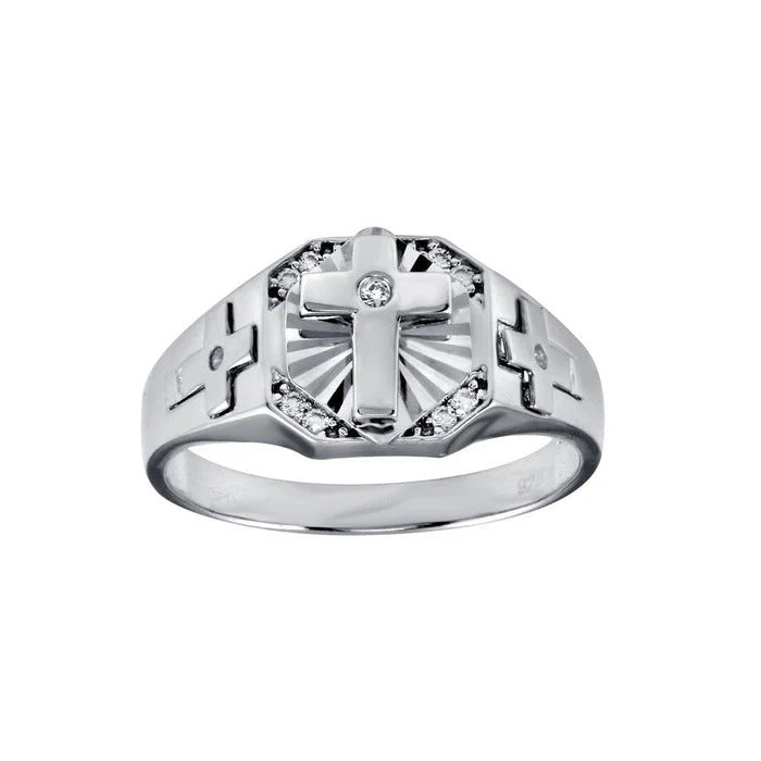 Sterling Silver Rhodium Plated Moissanite Men's Cross Ring