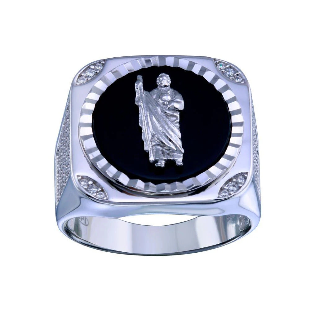 Sterling Silver Rhodium Plated Moissanite Saint Jude Ring