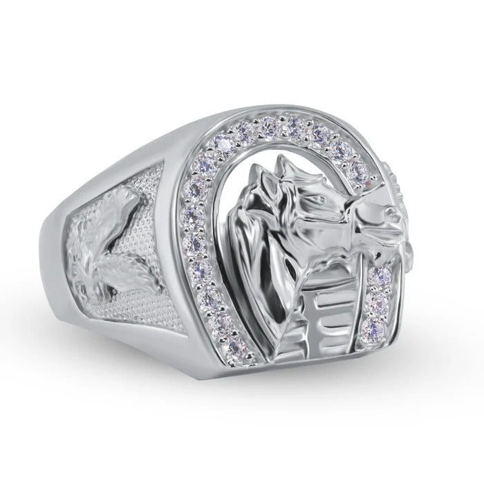 Sterling Silver Rhodium Plated Moissanite Horse Shoe Men's Ring