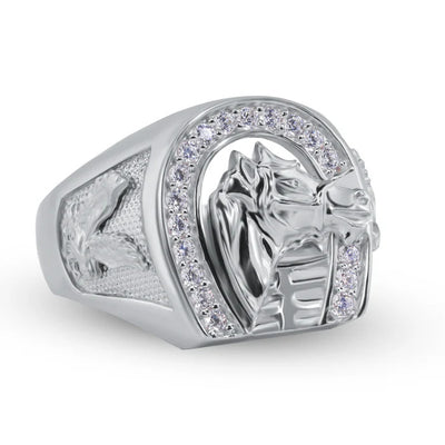 Sterling Silver Rhodium Plated Moissanite Horse Shoe Men's Ring