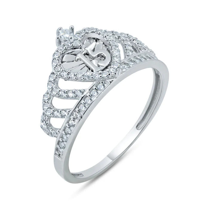 Sterling Silver Rhodium Plated Moissanite Quinceanera Heart Crown Ring Height-11.6mm