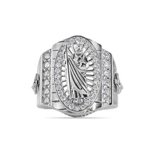 Load image into Gallery viewer, Sterling Silver Rhodium Plated Moissanite Men's Embossed Saint Jude Oval Top Round Clear Cross Ring