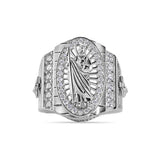 Sterling Silver Rhodium Plated Moissanite Men's Embossed Saint Jude Oval Top Round Clear Cross Ring