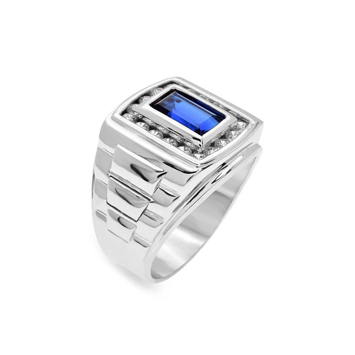Sterling Silver Rhodium Plated Moissanite And Sapphire Baguette Men's Ring