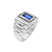 Load image into Gallery viewer, Sterling Silver Rhodium Plated Moissanite And Sapphire Baguette Men's Ring
