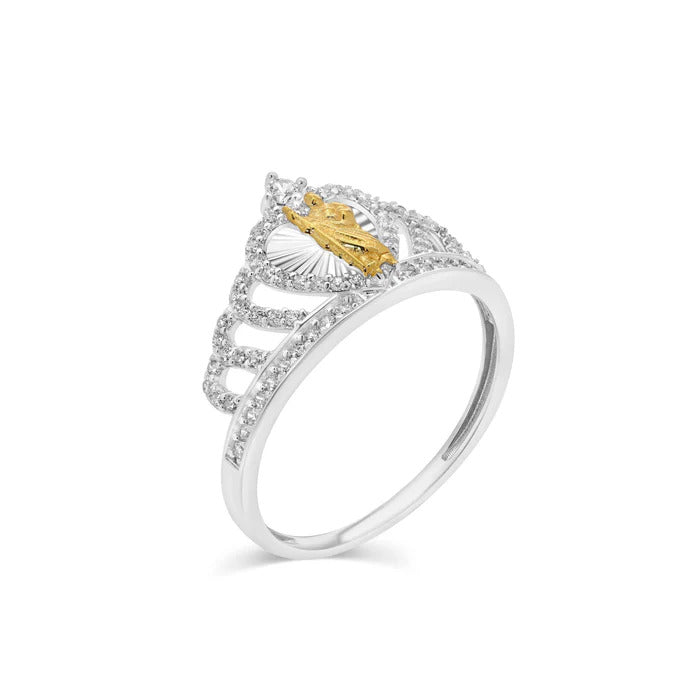 Sterling Silver Two Tone Plated Saint Jude Crown Heart In Moissanite Stone Ring