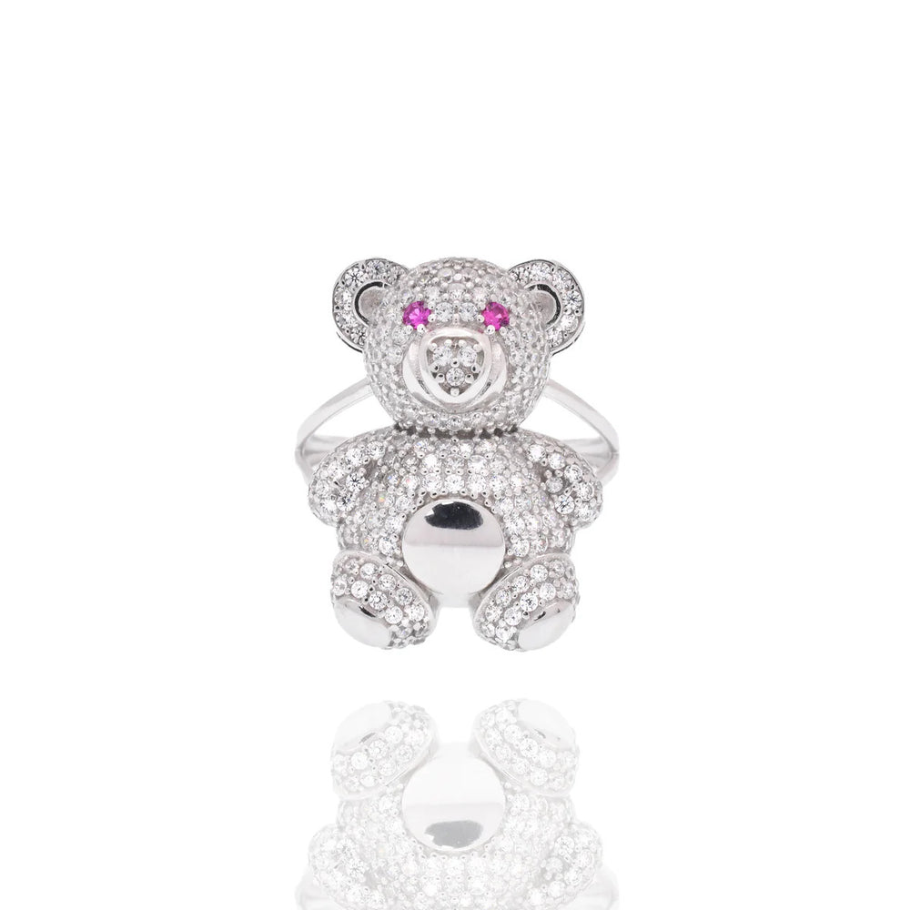 Sterling Silver Rhodium Plated Moissanite And Pink CZ Teddy Bear Ring