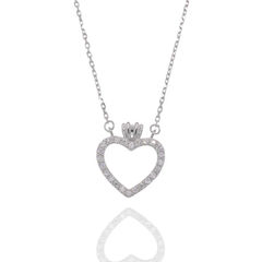 Sterling Silver Rhodium Plated Moissanite Heart Crown Pendant Adjustable Necklace