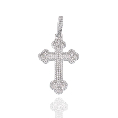 Sterling Silver Rhodium Plated Moissanite Fleur-De-Lis Cross Encrusted Pendant