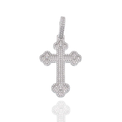 Sterling Silver Rhodium Plated Moissanite Fleur-De-Lis Cross Encrusted Pendant