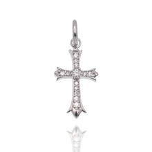 Load image into Gallery viewer, Sterling Silver Rhodium Plated Moissanite Encrusted Fleur-De-Lis Cross Pendant