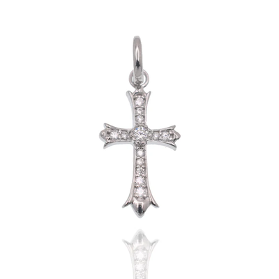 Sterling Silver Rhodium Plated Moissanite Encrusted Fleur-De-Lis Cross Pendant