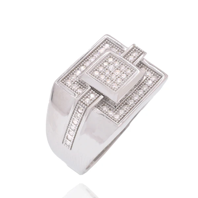 Sterling Silver Rhodium Plated Square Top Moissanite Pave Men's Statement Ring