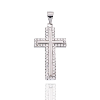 Sterling Silver Rhodium Plated Moissanite Border Cross Hip Hop Pendant