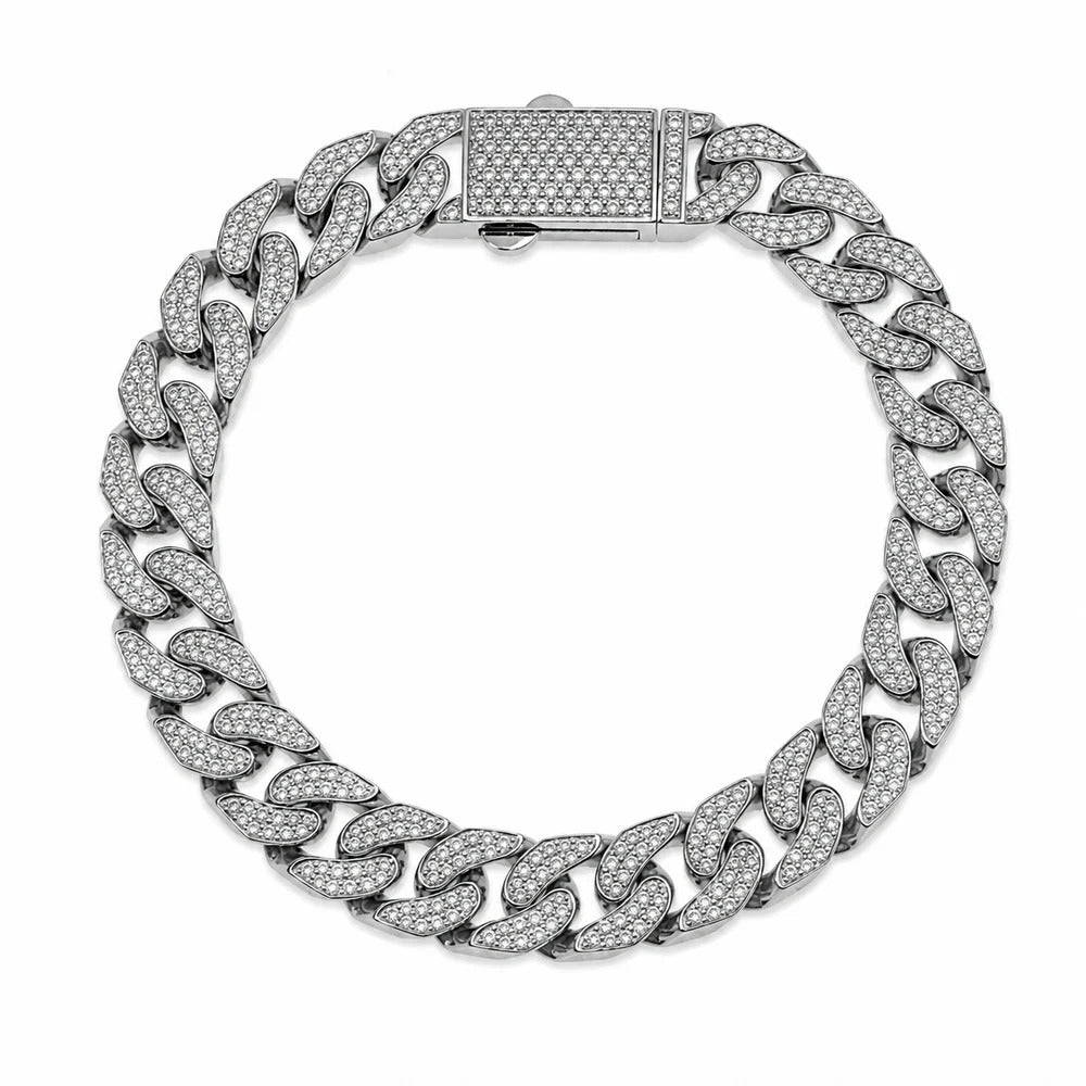 Sterling Silver Rhodium Plated Moissanite Pave Flat Cuban Link Bracelet