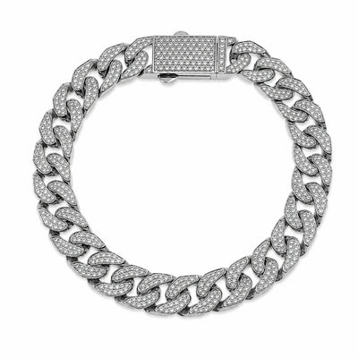 Sterling Silver Rhodium Plated Moissanite Pave Flat Cuban Link Bracelet