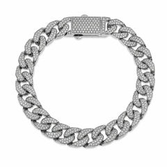 Sterling Silver Rhodium Plated Moissanite Pave Flat Cuban Link Bracelet