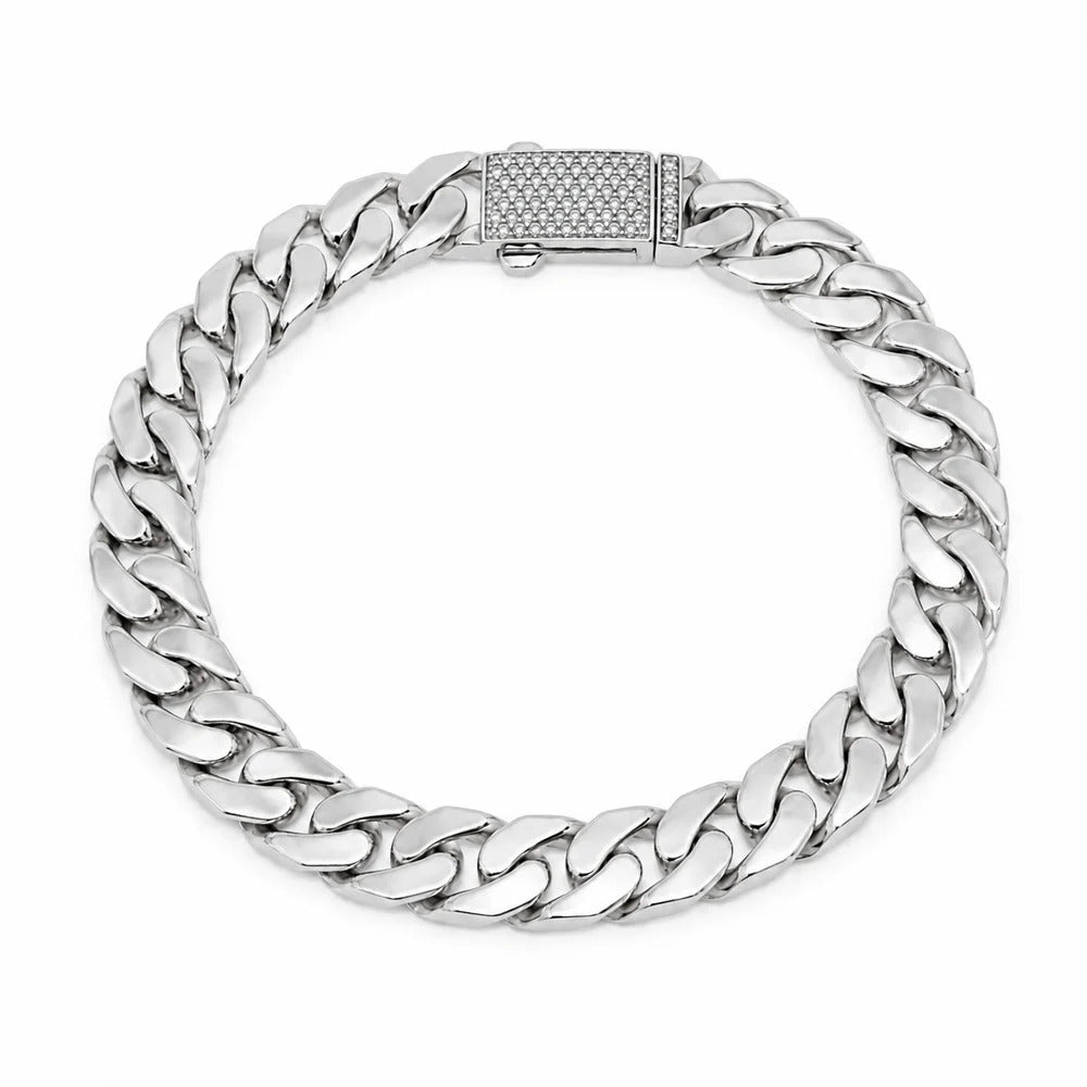 Sterling Silver Rhodium Plated Moissanite On Lock Flat Cuban Link Bracelet