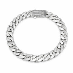 Sterling Silver Rhodium Plated Moissanite On Lock Flat Cuban Link Bracelet