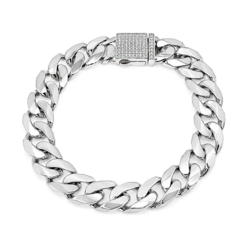 Sterling Silver Rhodium Plated Moissanite On Lock Classic Cuban Link Bracelet