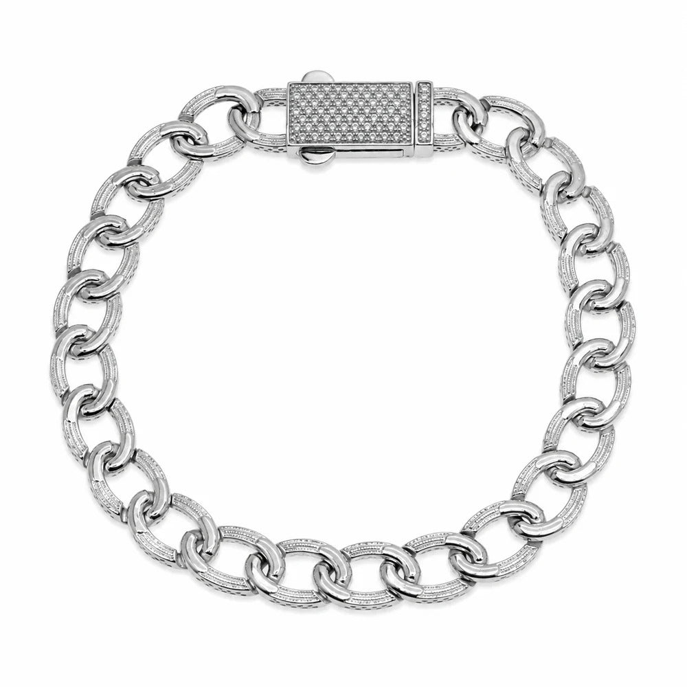 Sterling Silver Rhodium Plated Moissanite On Lock Oval Link Bracelet