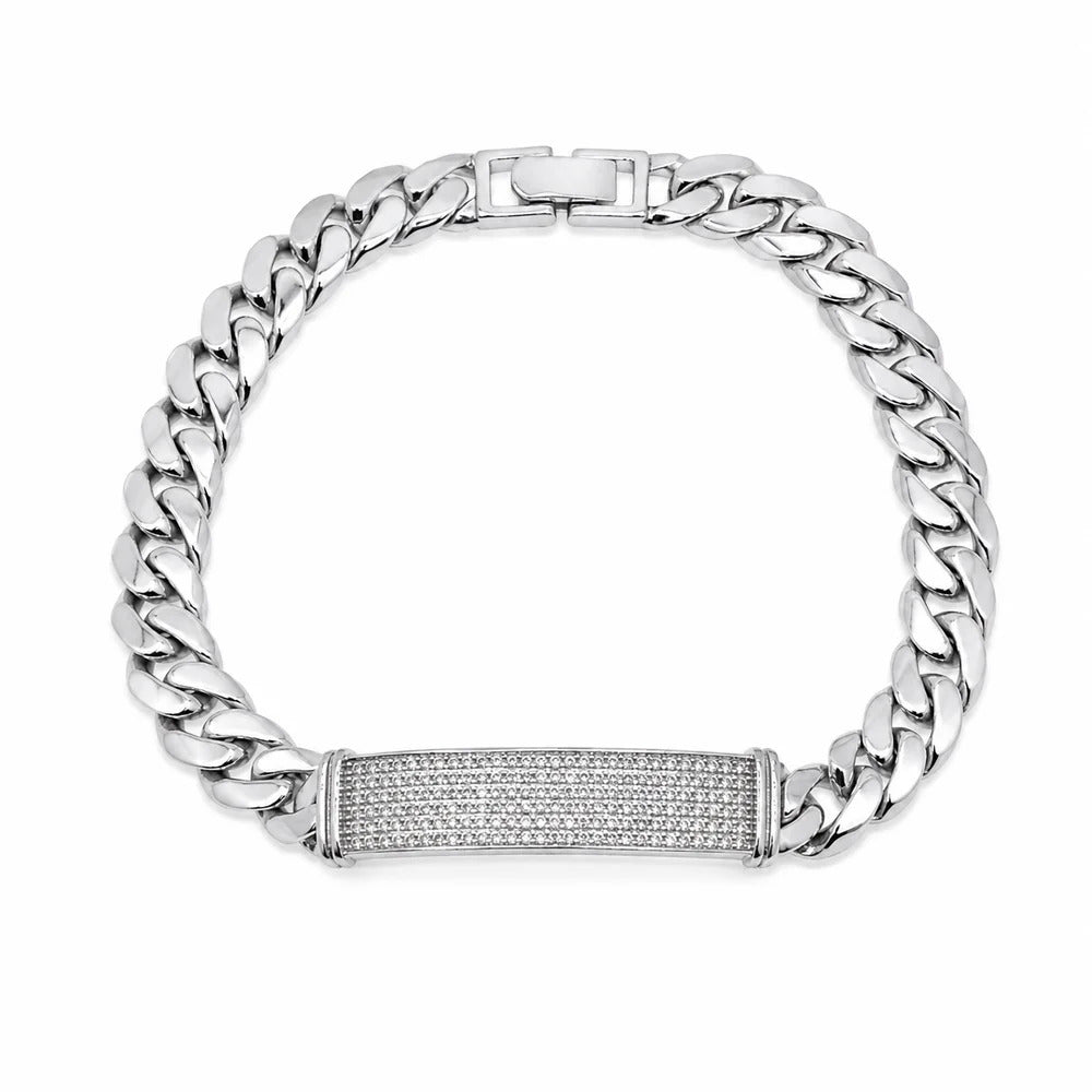 Sterling Silver Rhodium Plated Moissanite Pave Bar Cuban Link Bracelet