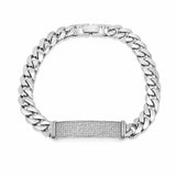 Sterling Silver Rhodium Plated Moissanite Pave Bar Cuban Link Bracelet