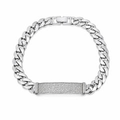 Sterling Silver Rhodium Plated Moissanite Pave Bar Cuban Link Bracelet
