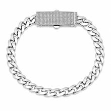 Load image into Gallery viewer, Sterling Silver Rhodium Plated Moissanite Pave Bar Lock Cuban Link Bracelet