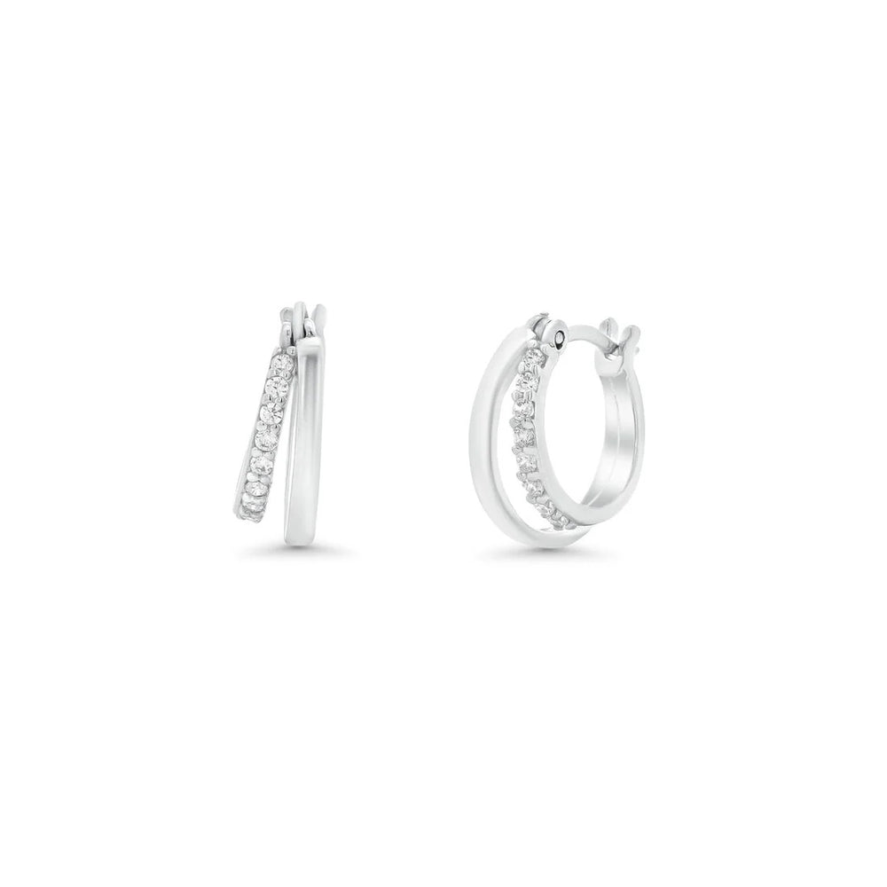 Sterling Silver Rhodium Plated Moissanite Double Row Clear Hoop Earrings