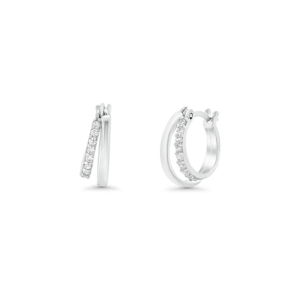 Sterling Silver Rhodium Plated Moissanite Double Row Clear Hoop Earrings