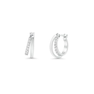Sterling Silver Rhodium Plated Moissanite Double Row Clear Hoop Earrings