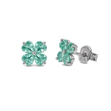 Load image into Gallery viewer, Sterling Silver Rhodium Plated Green Moissanite Lucky Clover Stud Earrings