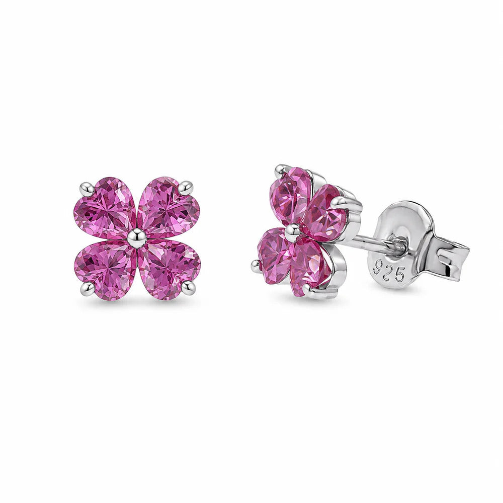Sterling Silver Rhodium Plated Red Moissanite Lucky Clover Stud Earrings