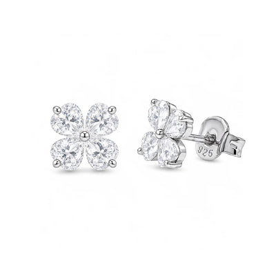 Sterling Silver Rhodium Plated Moissanite Lucky Clover Stud Earrings