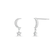 Load image into Gallery viewer, Sterling Silver Rhodium Plated Moissanite Moon And Star Drop Stud Earrings