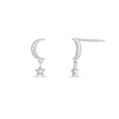 Sterling Silver Rhodium Plated Moissanite Moon And Star Drop Stud Earrings