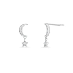 Sterling Silver Rhodium Plated Moissanite Moon And Star Drop Stud Earrings