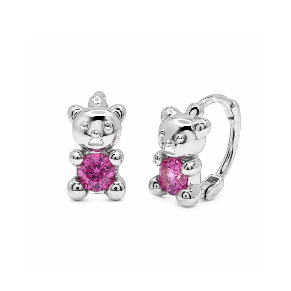 Sterling Silver Rhodium Plated Pink Moissanite Teddy Bear Hoop Earrings