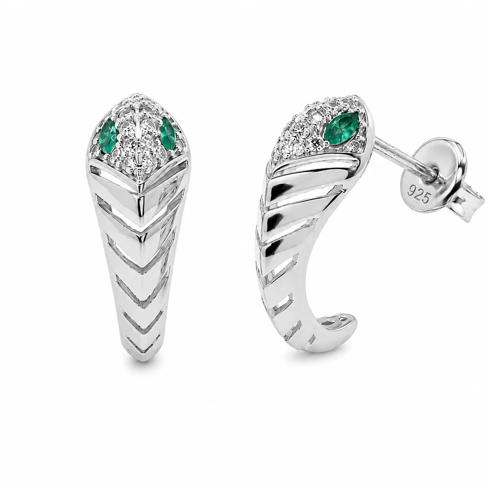 Sterling Silver Rhodium Plated Emerald Green And Clear Moissanite Chevron Wrap Earrings